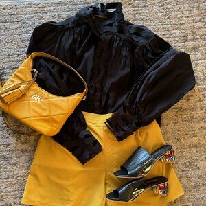 Chic Women's Outfit Bundle - Black Blouse and Heels, Mustard Shorts and Purse